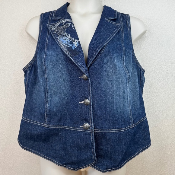 Venezia Womens Blue Denim Embroidered Button Up Jean Jacket Vest Plus Sz. 18/20 - Picture 1 of 12